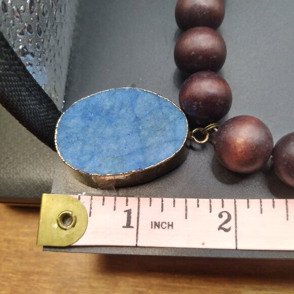 Wood Beads with Copper Blue Beads and Blue Stone Pendant - Picture 4 of 6